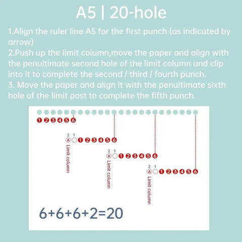 Diagram showing instructions for aligning and punching A5 paper with a 20-hole punch.