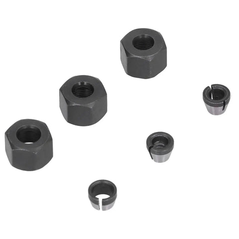 Six Pack 1/4 to 1/8 Collet Adapters for CNC Lathe, Router, and Milling Cutters kit with nuts shown, essentials for on the go jobs