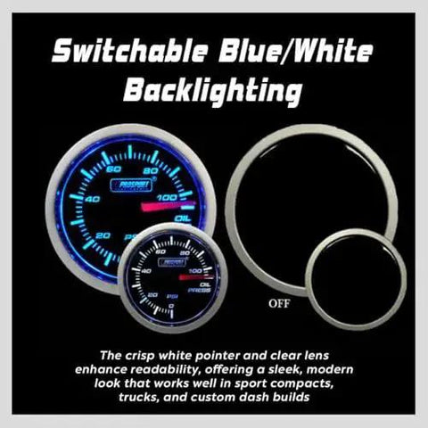 Switchable blue and white LED 52mm Electric Oil Pressure Gauge with sender for real-time PSI in performance cars.