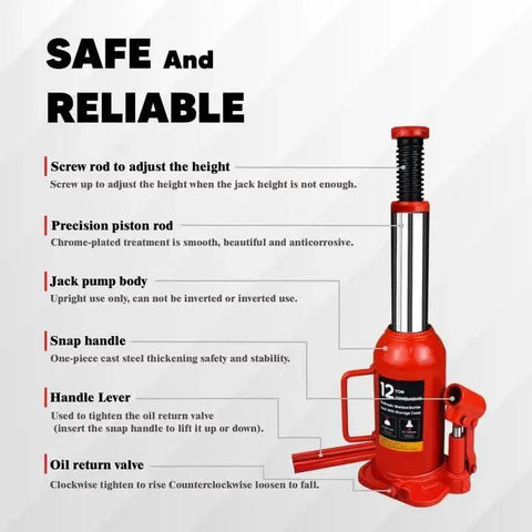 12 Ton Hydraulic Bottle Jack With Carrying Case Lift 8 To 15 Inches For Cars RVs, showing safety features and components.