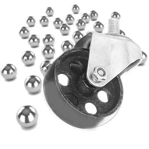 Close-up of a heavy duty Cast Iron Transmission Jack Caster with 2.1 in wheel diameter, 12mm stem, and metal ball bearings.