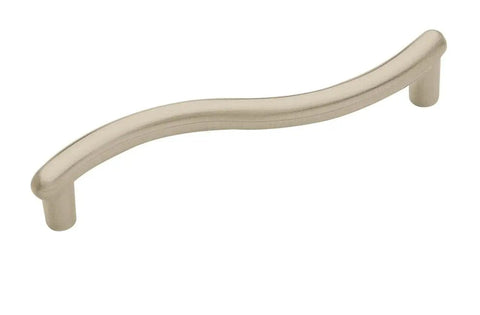 3-3/4 Inch Center To Center Satin Nickel Cabinet Pull In Everyday Heritage Style, 1 pack, shown uninstalled on white surface