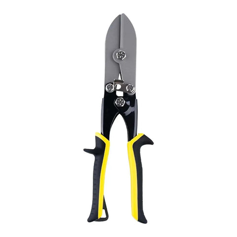 5 Blade Hand Crimping Tool For Sheet Metal And Gutter Ducts With Lock And Pro Grade Heavy Duty Nonslip Ergonomic Grip And Spring Loaded Lever Crimper For 24 Gauge Steel To 28 Gauge Stainless Steel Black And Yellow Finish shown from front