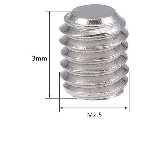 M2.5 X 3mm Stainless Steel Hex Grub Screws With Internal Hex Drive Cup Head Allen Style Socket Point Set Screws dimensions shown