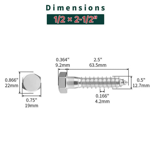 Dimensions diagram of 1/2 x 2-1/2 inch hex head lag screws with flat washers in 304 stainless steel for outdoor projects.