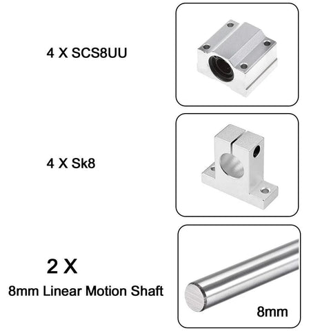 2x 8mm x 400mm aluminum linear motion rods with 4x SCS8UU ball bearings and 4x SK8 aluminum rail supports