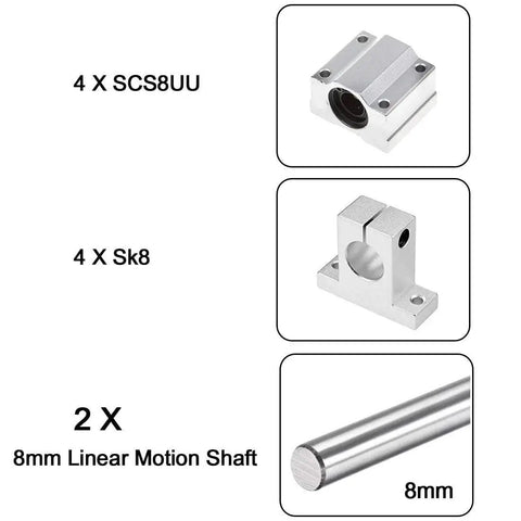 Components of 8mm By 300mm Linear Motion Rod Guide Set With Four SCS8UU Bearings And Four SK8 Aluminum Rail Supports for CNC and DIY projects