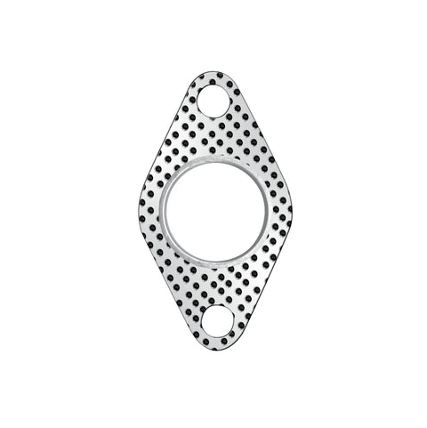 Exhaust pipe flange gasket, perforated metal, 1.5 in (37 mm) bore, two-bolt design.