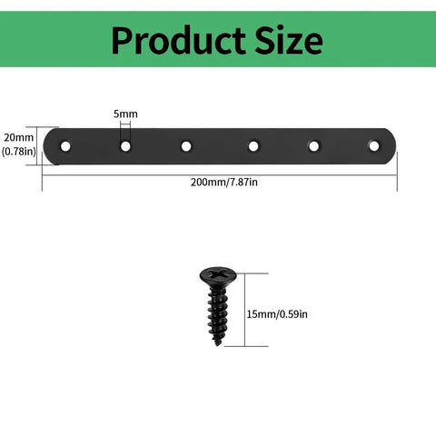 Diagram showing product size of Heavy Duty Black Mending Plate And Straight Brackets Set For Wood And Furniture Repair with screws