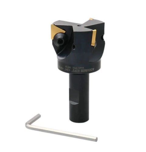 Indexable End Mill With TPG32 Carbide Inserts, Two Inch Cutting Diameter, Three Quarter Inch Straight Shank, Positive Rake Ninety Degree Right Hand Cut, Inserts Installed, Accusize Industrial Tools, shown front view with hex key