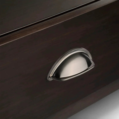 Brushed Satin Nickel Cabinet Cup Pull on dark wood drawer, part of 10 Pack With 3 Inch Hole Centers 76mm for kitchens and home projects