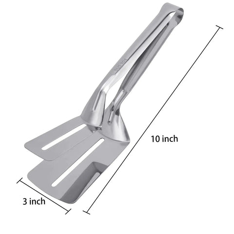 Multifunction 11 Inch Premium Stainless Steel Tongs 3 In 1 Gripper Flip And Scraper For Grilling, shown in size dimensions.