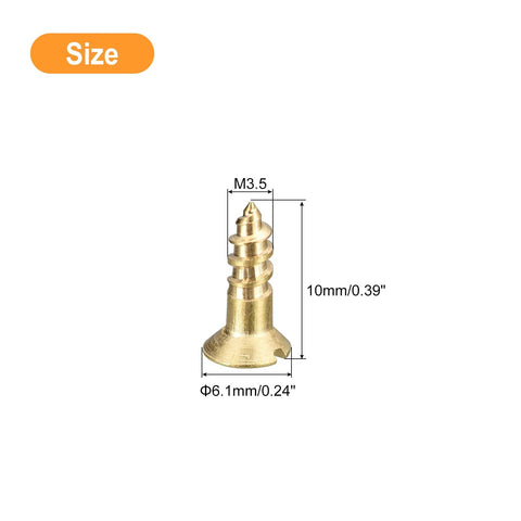 Brass Wood Screws Set 40 Pieces M3.5 x 10mm Slotted Flat Head Self Tapping Countersunk For Woodworking Furniture Assembly Cabinets And DIY Projects High Strength Corrosion Resistant, showing screw dimensions.