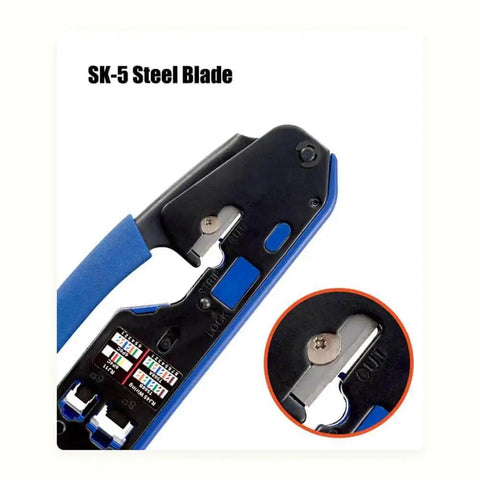 Close-up of SK-5 steel blade on Pro Grade All In One Ethernet Crimp Tool Kit For RJ45 Cat5e Cat6 Pass Through Connectors