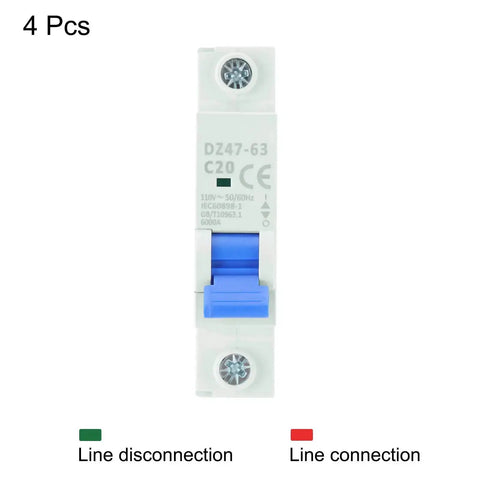 Front view of Four Pack 1P 20A 110V Miniature Circuit Breaker DZ47-63 DIN Rail Mount Disconnect Switch with blue lever.