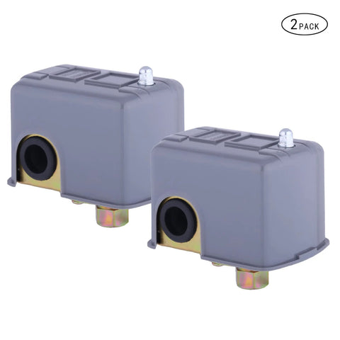 Two-pack Pumptrol 30-50 psi water pressure switch for well pump, gray housing with brass bottom fitting.