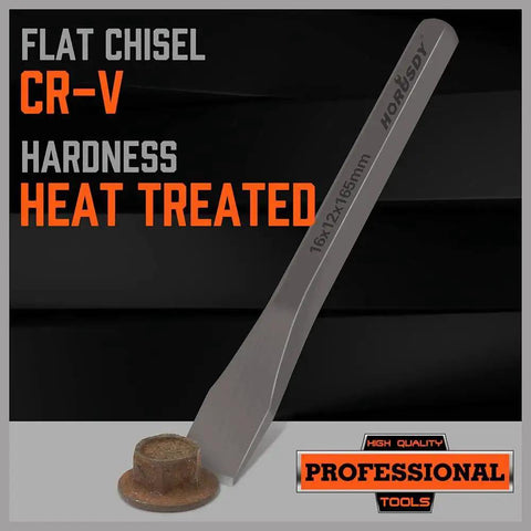Flat Cr-V chisel from Heavy Duty 3-Piece Cold Chisel Set For Woodworking Metalworking And Masonry with heat treatment detail.