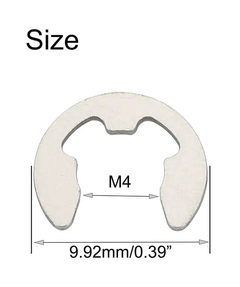 Beefy 4mm External Circlips E Clip Retaining Rings in 304 Stainless Steel showing size M4, 9.92mm outer diameter.