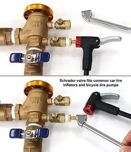 Valve Adapters Kit For Sprinkler Winterization Featuring Schrader Valve To Male NPT Fittings Lead Free Brass in use with tire pumps