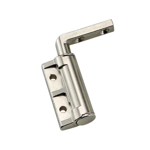 Zinc alloy L-shaped damping hinge with screw holes, silver finish; close-up view.