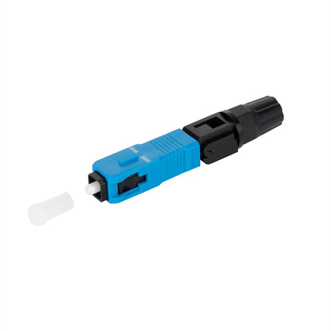 SC UPC fiber optic fast connector, blue housing with black rear, white protective cap.