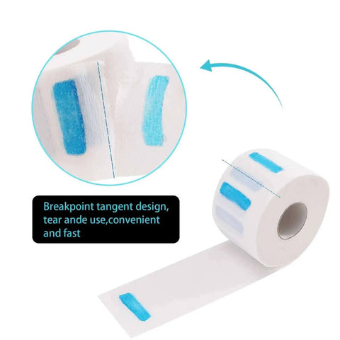 Disposable Neck Strips for Barbershop, 5 Rolls, showing blue streak design and easy tear line for hairdresser use