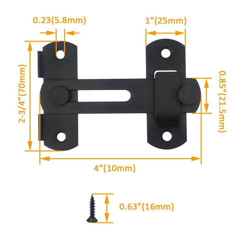 Sturdy Two Pack Sliding Barn Door Lock Set Matte Black 4 Inch By 2 3 Quarter Inch Beefy Gate Latch For Barn Doors Bathrooms Cabinets Outdoor Garage and Sliding Doors Rust Proof Stainless Steel Hardware front view.