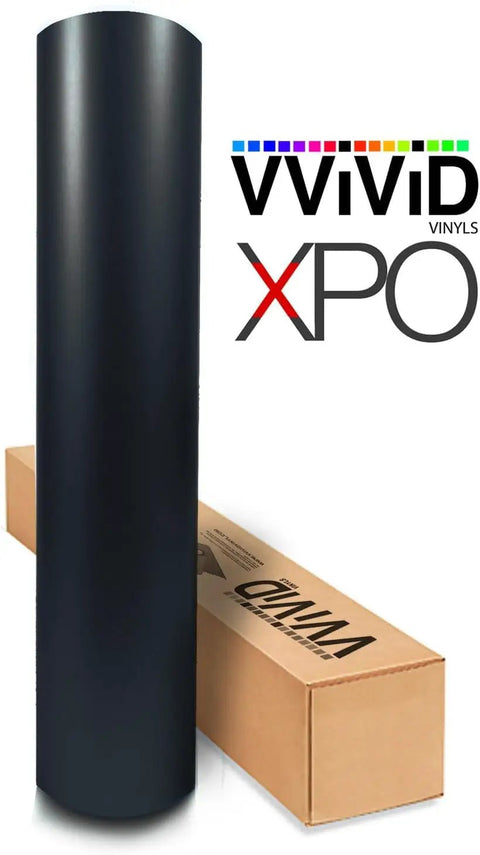 Matte Black Vinyl Wrap Roll With XPO Air Release Technology For DIYers 1Ft By 5Ft Durable Lightweight Film For Easy Wrapping, standing beside its packaging.