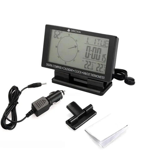 Digital Car Thermometer With Blue Backlight Compass Clock and Large LCD Display, showing cable and mount accessories