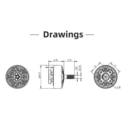 Technical drawings of Specter 2306.5 1900KV Brushless FPV Motor for DIY RC Racing Drones 5S 6S Quadcopters With 7075 Rotor.