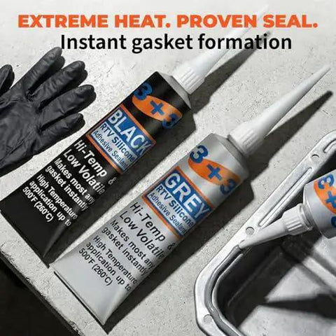 RTV Silicone Gasket Maker High Temp 590F Oil Resistant Black and Grey tubes next to engine oil pan and gloves