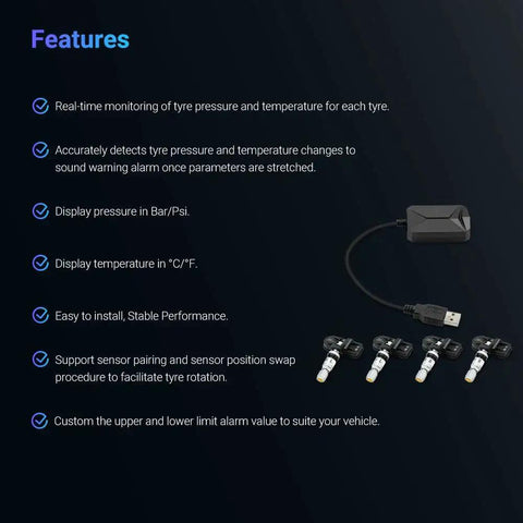 Front view of XTRONS USB TPMS tire pressure monitoring system with four sensor valves and USB cable