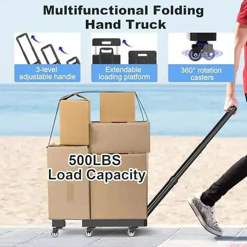 Beast Tough Folding Hand Truck 500 Lbs Dolly Cart With 6 Wheel Design shown carrying boxes with telescoping handle in use