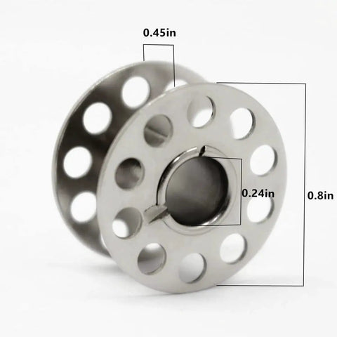 Two metal sewing machine bobbins with perforated sides, silver finish for front-loading machines