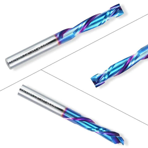 Up Down Cut Spiral Compression Router Bit With One Quarter Inch Shank And One Quarter Inch Cutting Diameter, Solid Carbide Dope Nano Blue Coated