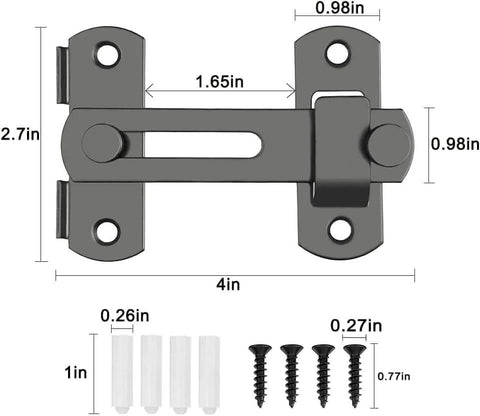 Two Pack Barn Door Lock With 180 Degree Flip For Privacy Durable Sliding Door Latch With mounting screws and dimensions shown.