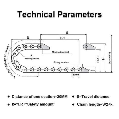 Technical diagram of Rugged Nylon Cable Carrier 1 Meter Drag Chain For CNC Machines With End Connector Built To Last From PA66