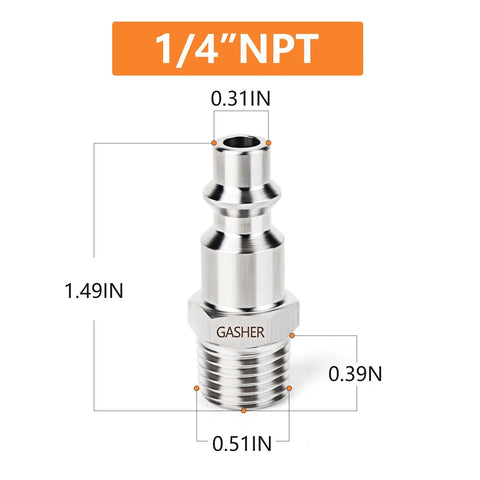GASHER air plug, 1/4 NPT male, 304 stainless steel, high-flow pneumatic plug, front view.