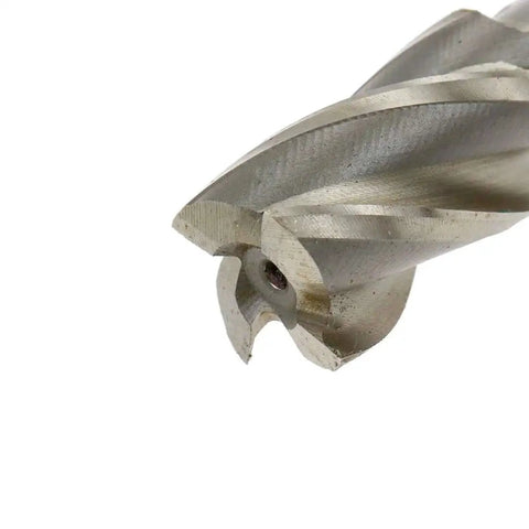 Close-up of an end mill 1 inch cutting diameter with three quarter inch straight shank four flute high speed steel milling bit for metalworking