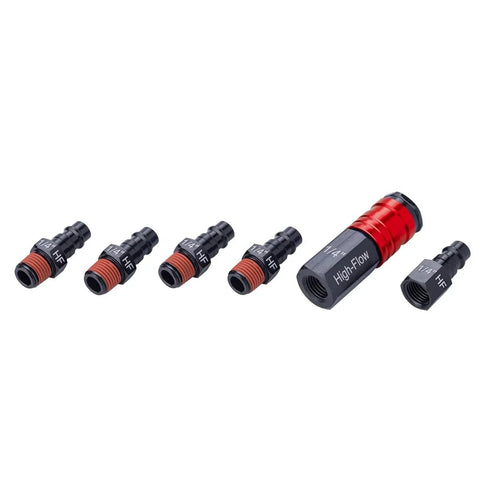 High Flow Aluminum 6 Piece Air Fittings Kit With One Quarter Inch NPT Threads For Air Tools And Compressors Large Bore For Maximum Airflow Compatible With High Flow V I A M T L U Style Plugs Lightweight And Rust Resistant Craftsman displayed on white background.