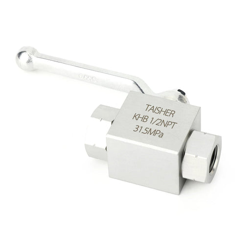 TAISHER 1/2 in NPT high-pressure hydraulic ball valve, carbon steel, lever-operated, angled side view
