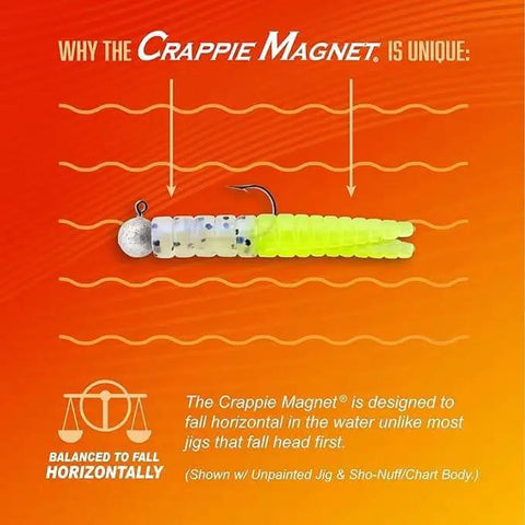 Image of Crappie Magnet jig demonstrating horizontal fall in water with unpainted jig and Sho-Nuff/chart body