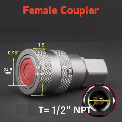 Blueagle 1/2 in NPT female hydraulic quick-connect coupler for skid steer, flat-face, knurled metal body with red seal