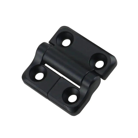 Close-up of black zinc-alloy torque hinge plate for square-damping hinges with four screw holes