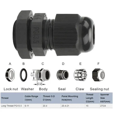Diagram of Long Thread PG13.5 Plastic Cable Gland Nylon 10 Pack with Gaskets, showing washer, body, seal, and sealing nut components.