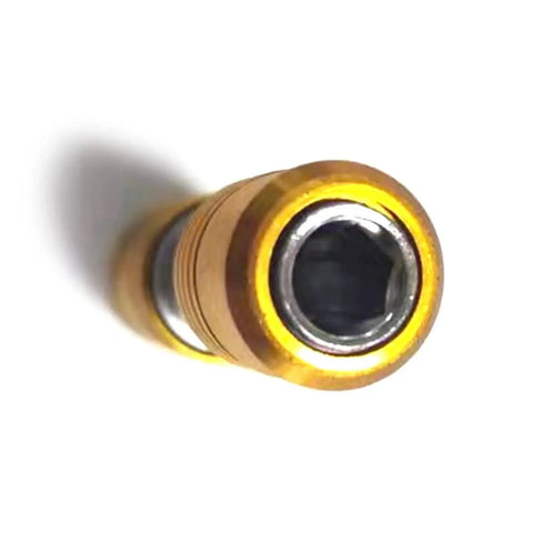 Brass socket sleeve adapter with hex socket end and screwdriver bit extension, close-up view.