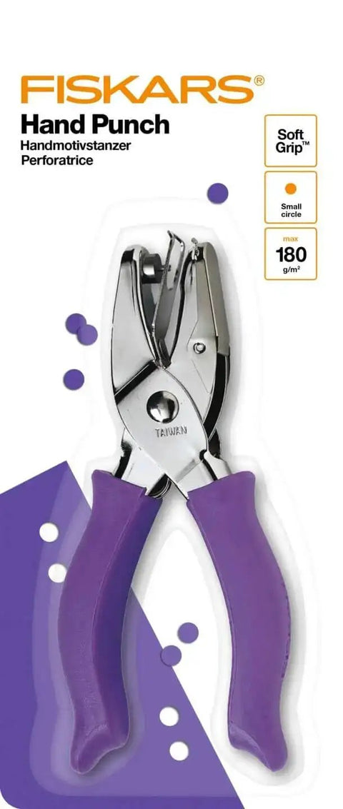 One Sixteenth Inch Circle Hole Punch With Ergonomic Cushioned Grip for crafting, featuring purple accents and stainless steel design.