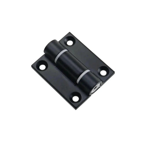 Front view of matte black torque-damping hinge with mounting plate and four screw holes