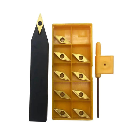 Five Eighths Inch Indexable Lathe Turning Tool Holder With SVVCN1616H11, 10 VCMT110304 Inserts, and tool key