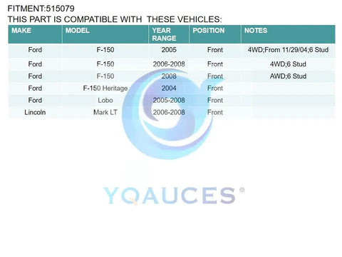 Compatibility chart for Front Wheel Bearing And Hub Assembly For Ford F 150 4WD 2005 2008 Heritage 2004 Lobo Lincoln Mark LT 2006 2008